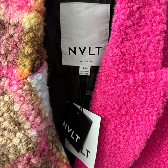 NVLT Boucle Anthropologie Pink Colorblock Teddy Longline Plaid Coat Large - Picture 7 of 14